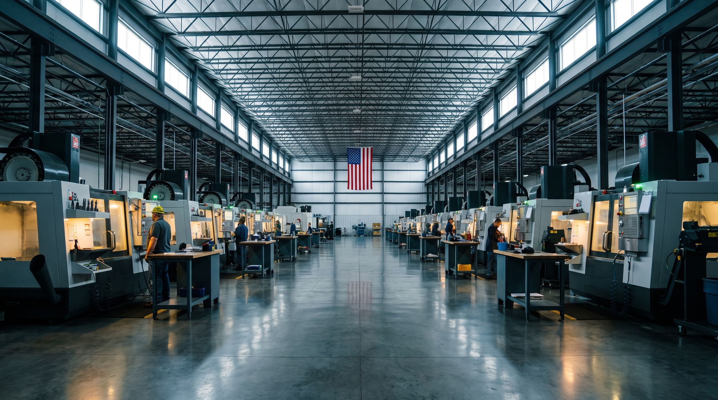A large American machine shop floor with rows of CNC machines and a flag hanging from the roof trusses.