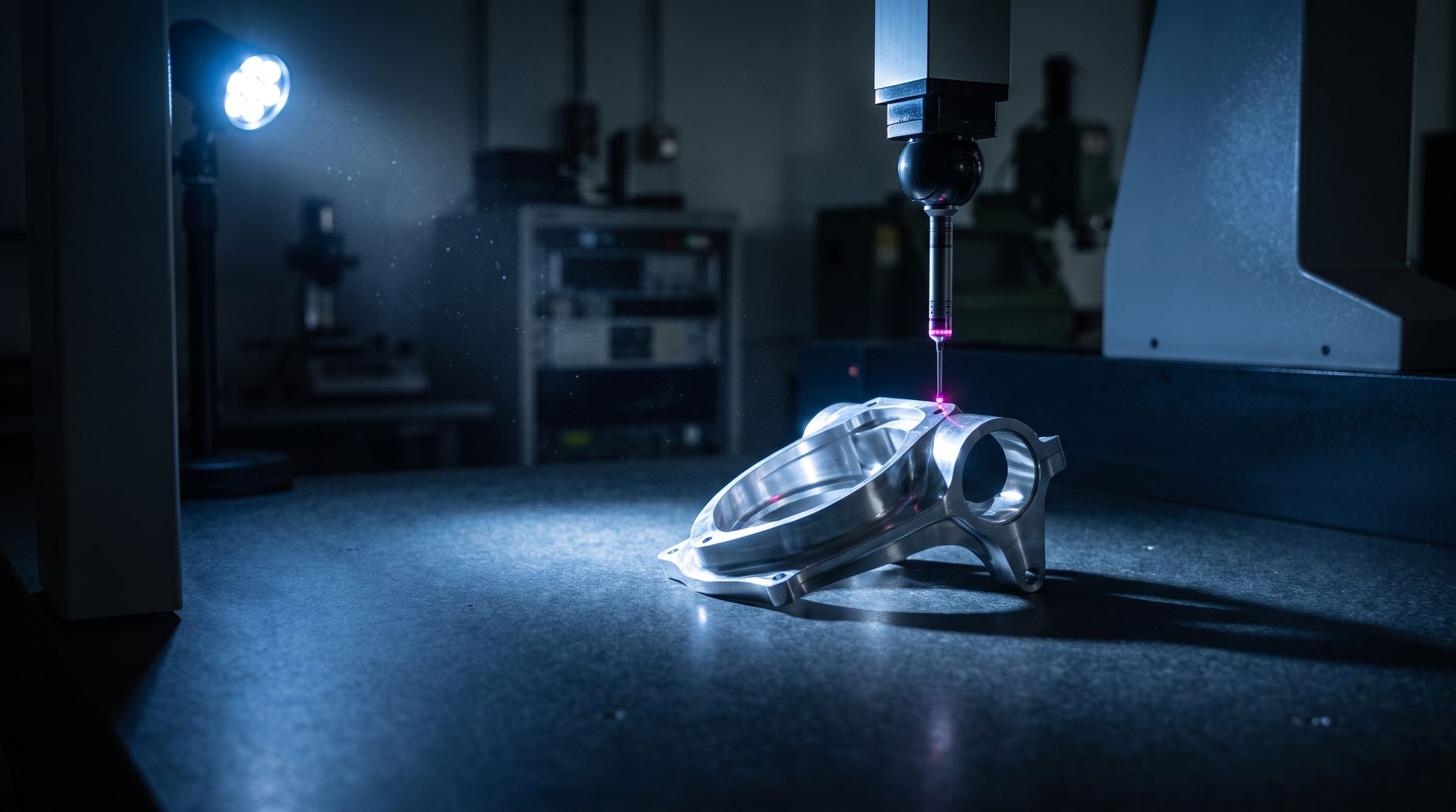 A coordinate measuring machine probe checking a machined part on a granite table.